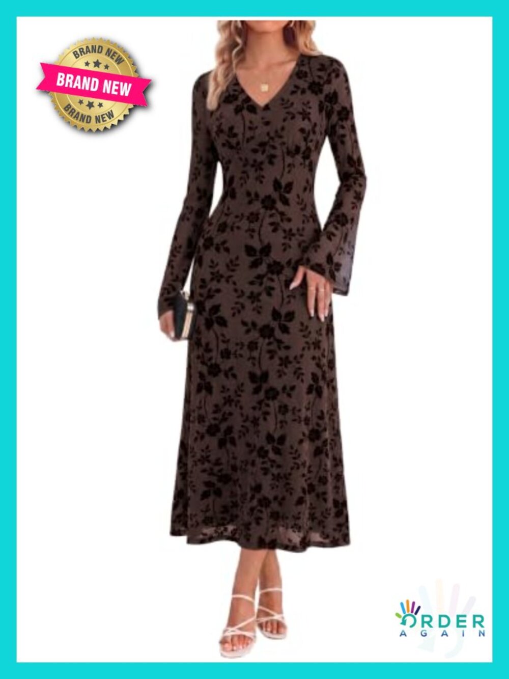 Floral Long Sleeve Maxi Dress V-Neck Bodycon Wedding Guest Formal